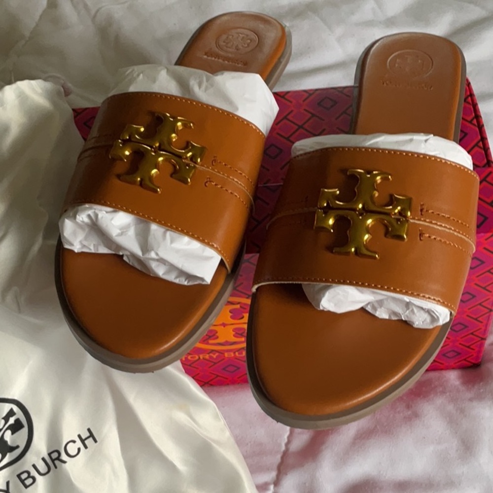 Tory Burch Tan Leather Mules with Gold Embellishment